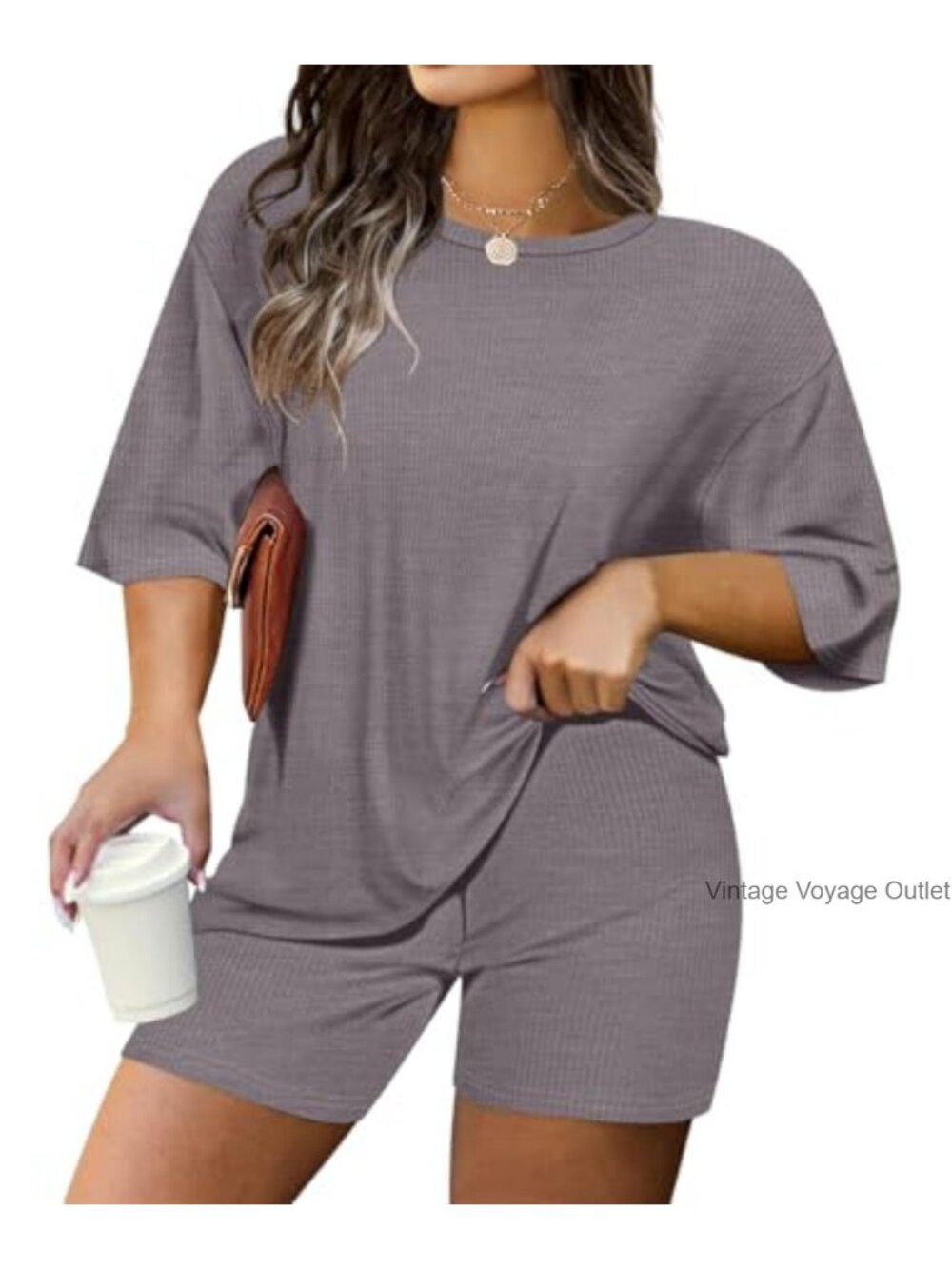 Plus Size 2 Piece Lounge Set Short Sleeve Top & Drawstring Shorts Comfy